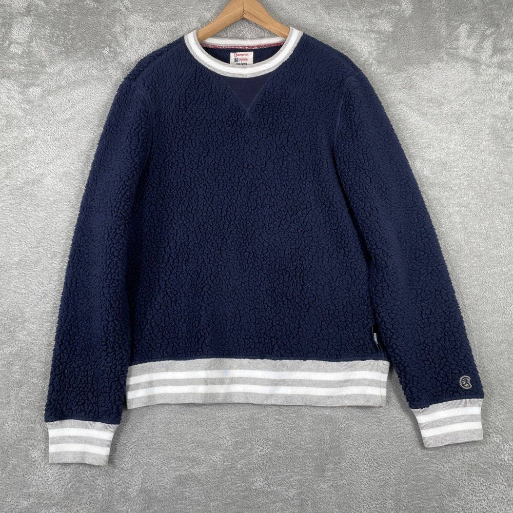 Champion Todd Snyder Sweatshirt Mens Medium Blue Sherpa Fleece Striped READ
